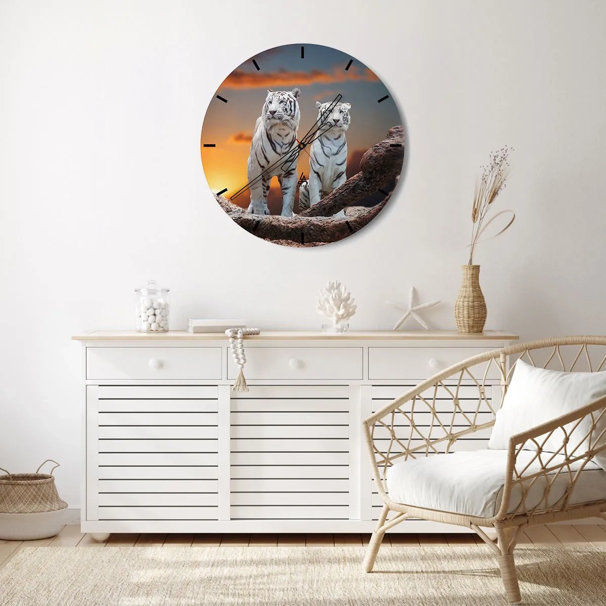 Horloge murale - Pendule murale - Tigres blancs sur fond de coucher de soleil - 30x30cm - Tout comme à Narnia - Décoration murale moderne pour le salon, la cuisine et la chambre ARTTOR