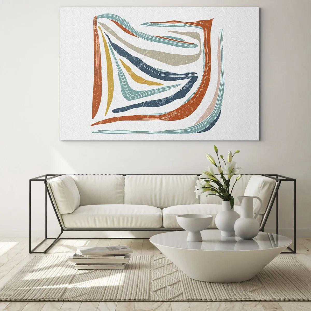 Impression sur verre - Image sur verre - Des stries colorées créent une abstraction dynamique sur un fond blanc - 70x50cm - Abstraction avec un sourire amical - Décoration murale moderne pour le salon et la chambre ARTTOR