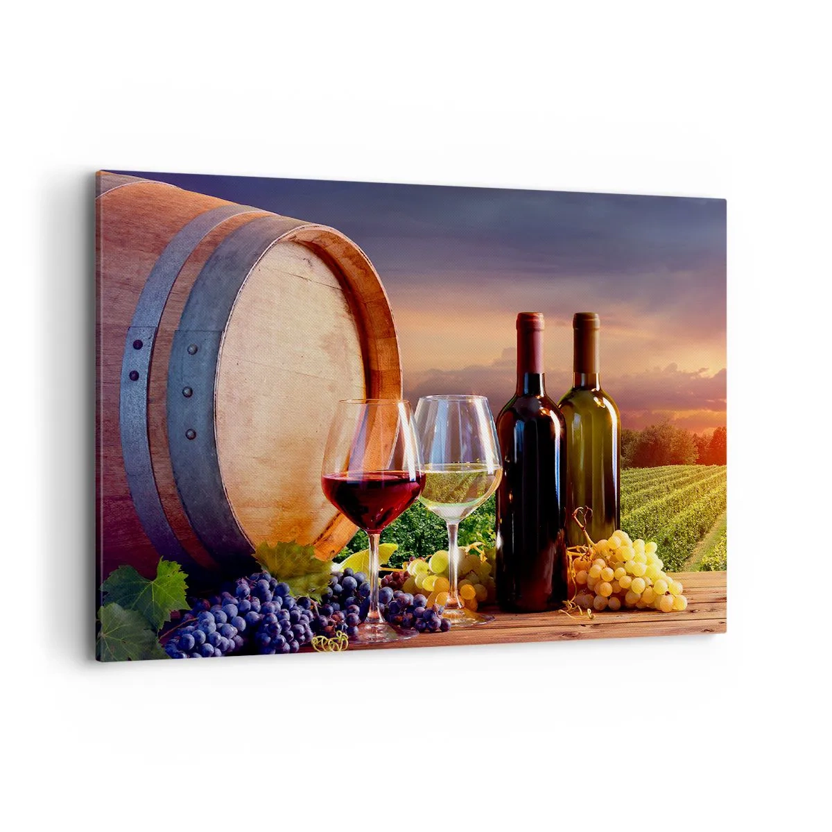 Impression sur toile - Image sur toile - Du vin, des verres et un tonneau dans un paysage pittoresque - 100x70cm - Ici la vie a du goût - Décoration murale moderne pour le salon et la chambre ARTTOR
