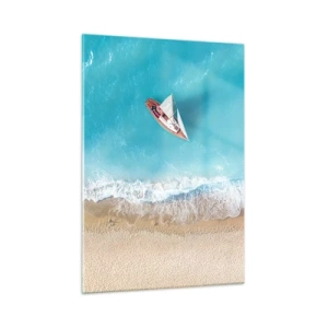 Impression sur verre - Image sur verre - Un voilier sur la mer azur au bord d'une plage de sable - 50x70cm - A la frontière de l'azur et de l'or - Décoration murale moderne pour le salon et la chambre ARTTOR