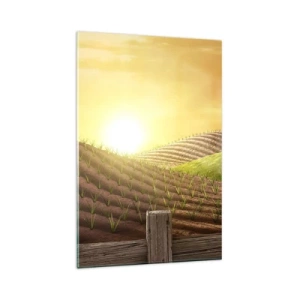 Impression sur verre - Image sur verre - Paysage rural avec une grange rouge, un tracteur et un lever de soleil - 80x120cm - Une ferme comme dans un conte de fées - Décoration murale moderne pour le salon et la chambre ARTTOR