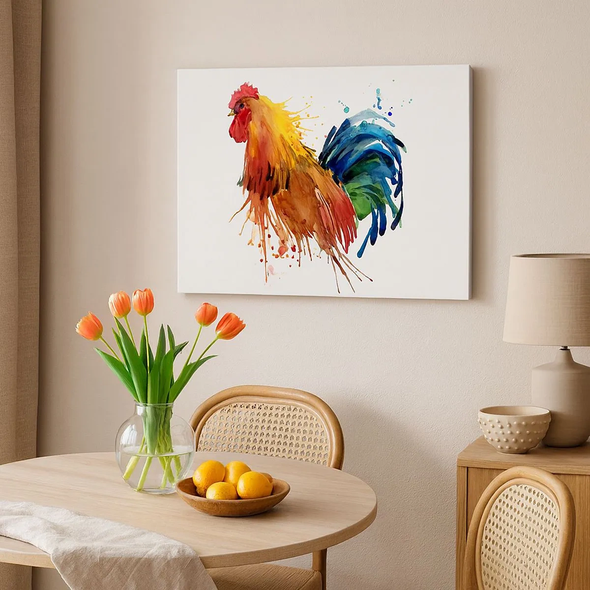 Impression sur toile - Image sur toile - Coq coloré dans un style aquarelle - 70x50cm - Robe royale, fierté royale - Décoration murale moderne pour le salon et la chambre ARTTOR