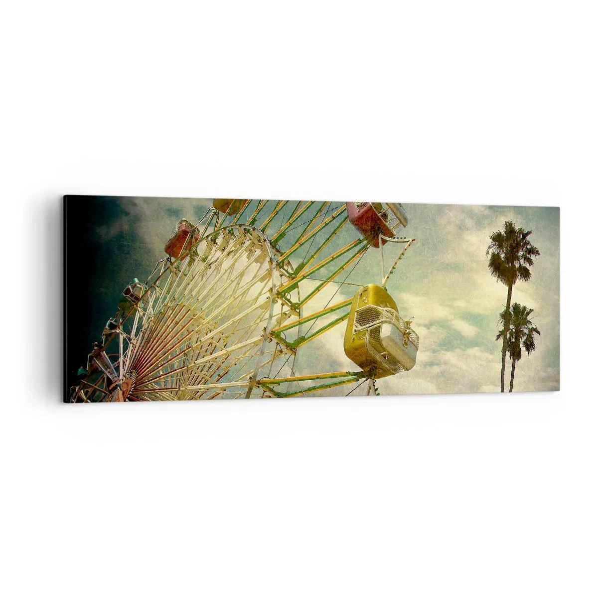 Impression sur toile - Image sur toile - Photo rétro d'une grande roue avec des palmiers contre le ciel - 140x50cm - On va faire la fête - Décoration murale moderne pour le salon et la chambre ARTTOR