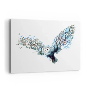 Impression sur toile - Image sur toile - Graphique artistique d'un hibou aux ailes déployées - 120x80cm - Sur les ailes de la forêt - Décoration murale moderne pour le salon et la chambre ARTTOR