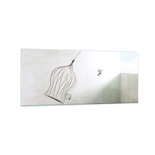Impression sur verre - Image sur verre - Un oiseau libéré d'une cage sur fond de ciel lumineux - 120x50cm - Dans son élément - Décoration murale moderne pour le salon et la chambre ARTTOR
