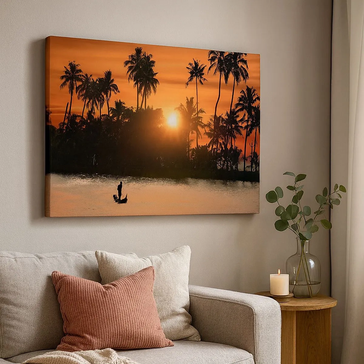 Impression sur toile - Image sur toile - Coucher de soleil sur les palmiers et un lac calme avec un bateau - 70x50cm - Il est temps de se détendre - Décoration murale moderne pour le salon et la chambre ARTTOR