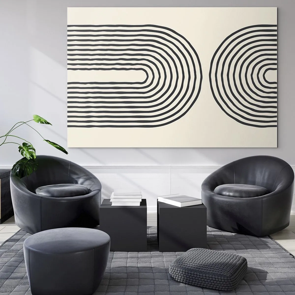 Impression sur verre - Image sur verre - Une peinture abstraite en noir et blanc représentant des lignes en forme d'arc. - 120x80cm - Dans un instant... - Décoration murale moderne pour le salon et la chambre ARTTOR
