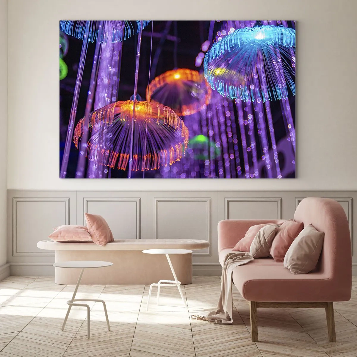 Impression sur verre - Image sur verre - Structures lumineuses colorées ressemblant à des méduses - 70x50cm - Fontaine lumineuse - Décoration murale moderne pour le salon et la chambre ARTTOR