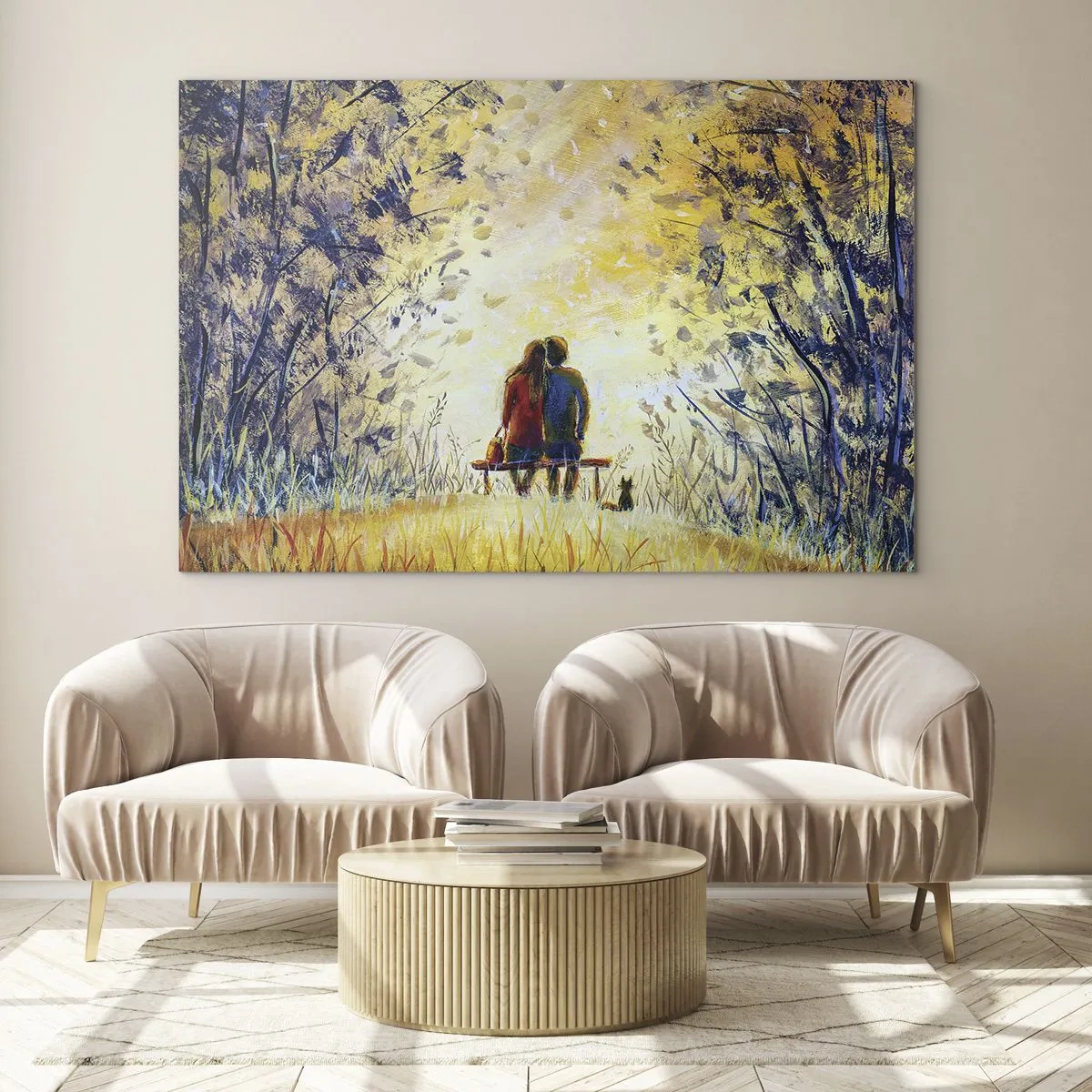 Impression sur verre - Image sur verre - Un couple sur un banc dans un moment magique - 120x80cm - Moment magique - Décoration murale moderne pour le salon et la chambre ARTTOR