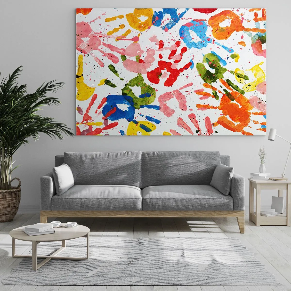 Impression sur verre - Image sur verre - Empreintes de mains colorées sur fond blanc - 70x50cm - Suivez les traces - Décoration murale moderne pour le salon et la chambre ARTTOR