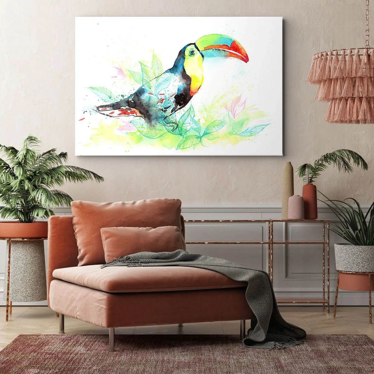 Impression sur toile - Image sur toile - Illustration à l'aquarelle d'un toucan sur fond tropical - 120x80cm - Aussi coloré que l'Amérique du Sud - Décoration murale moderne pour le salon et la chambre ARTTOR