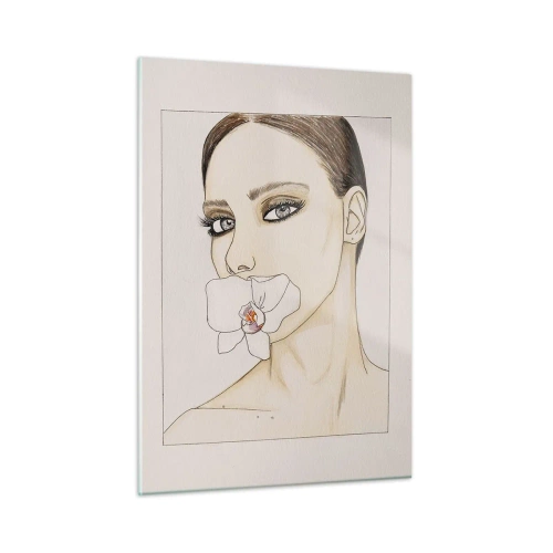 Impression sur verre - Image sur verre - Portrait d'une femme avec une orchidée dans la bouche sur un fond clair - 50x70cm - Symbole de l'élégance et de la beauté - Décoration murale moderne pour le salon et la chambre ARTTOR