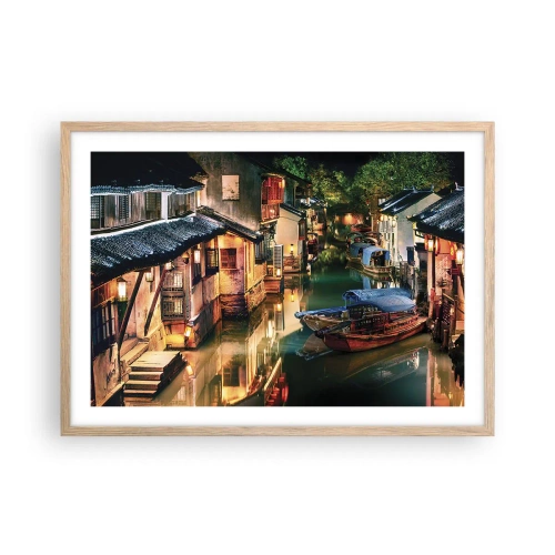 Affiche dans un chêne clair - Poster - Soirée dans une rue chinoise - 70x50 cm
