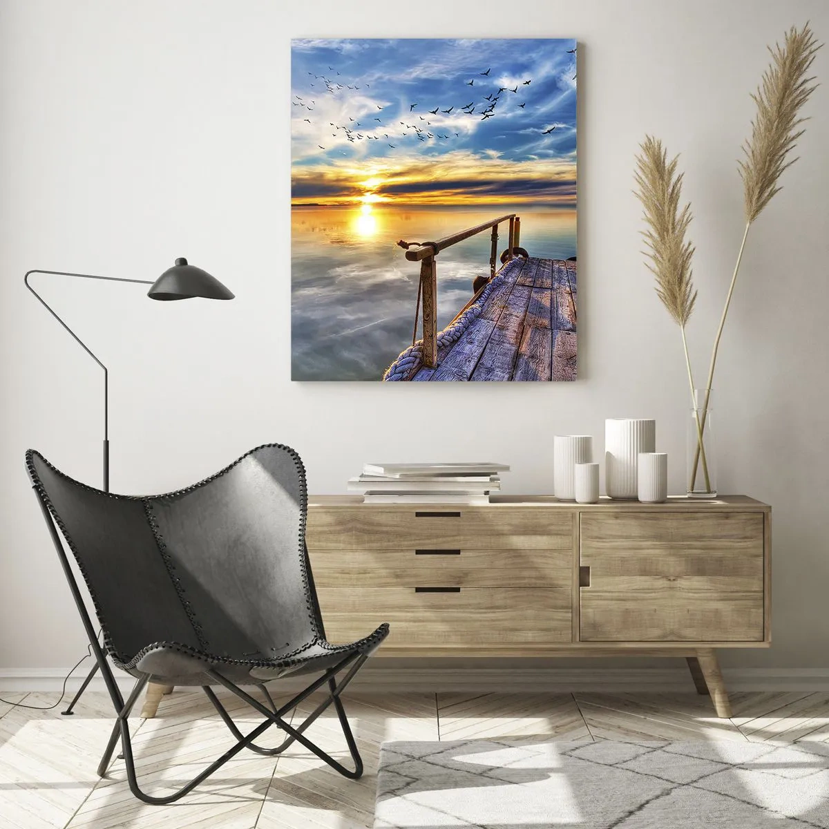Impression sur verre - Image sur verre - Jetée au bord du lac au coucher du soleil avec des oiseaux dans le ciel - 50x70cm - Le vent se repose - Décoration murale moderne pour le salon et la chambre ARTTOR