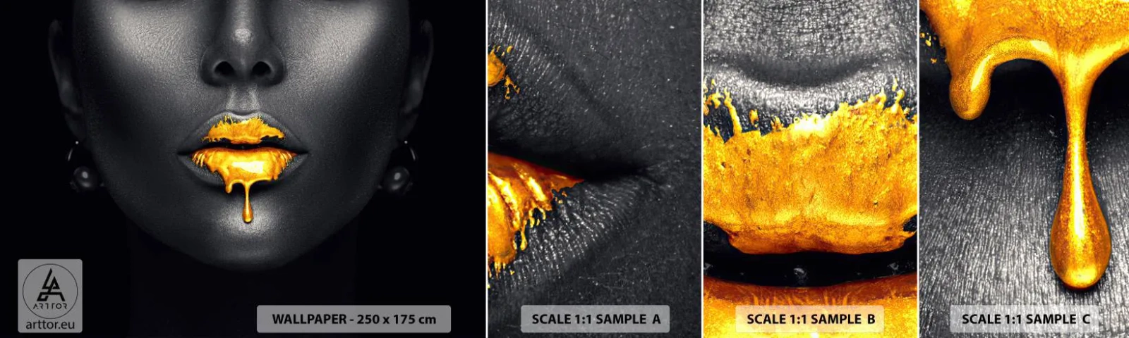 Échantillon de Papier Peint Autocollant Deluxe Sticker - Bouche d'or - Abstraction, Bouche de femme, Visage de femme - 100x30 cm