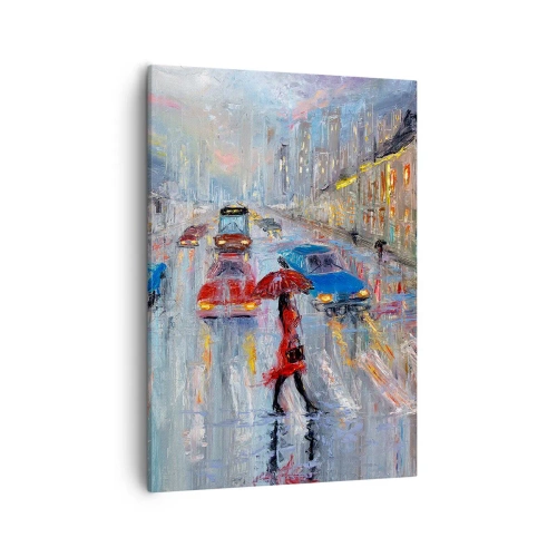 Impression sur toile - Image sur toile - Une femme avec un parapluie dans une rue pluvieuse à la lumière du néon. - 50x70cm - Après-midi pluvieux en ville - Décoration murale moderne pour le salon et la chambre ARTTOR
