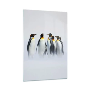 Impression sur verre - Image sur verre - Un groupe de manchots empereurs dans le brouillard hivernal - 80x120cm - Rencontre en robes de soirée - Décoration murale moderne pour le salon et la chambre ARTTOR