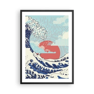Affiche dans un cadre noir - Poster - Vague graphique d'inspiration japonaise avec un soleil rouge - 50x70cm - D'une inspiration japonnaise - Décoration murale moderne pour le salon et la chambre ARTTOR