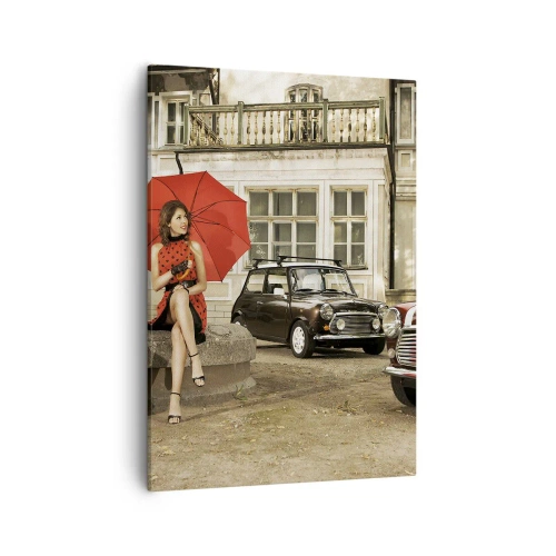 Impression sur toile - Image sur toile - Femme avec un parapluie rouge par des voitures classiques - 50x70cm - Un mini-voyage sentimental - Décoration murale moderne pour le salon et la chambre ARTTOR