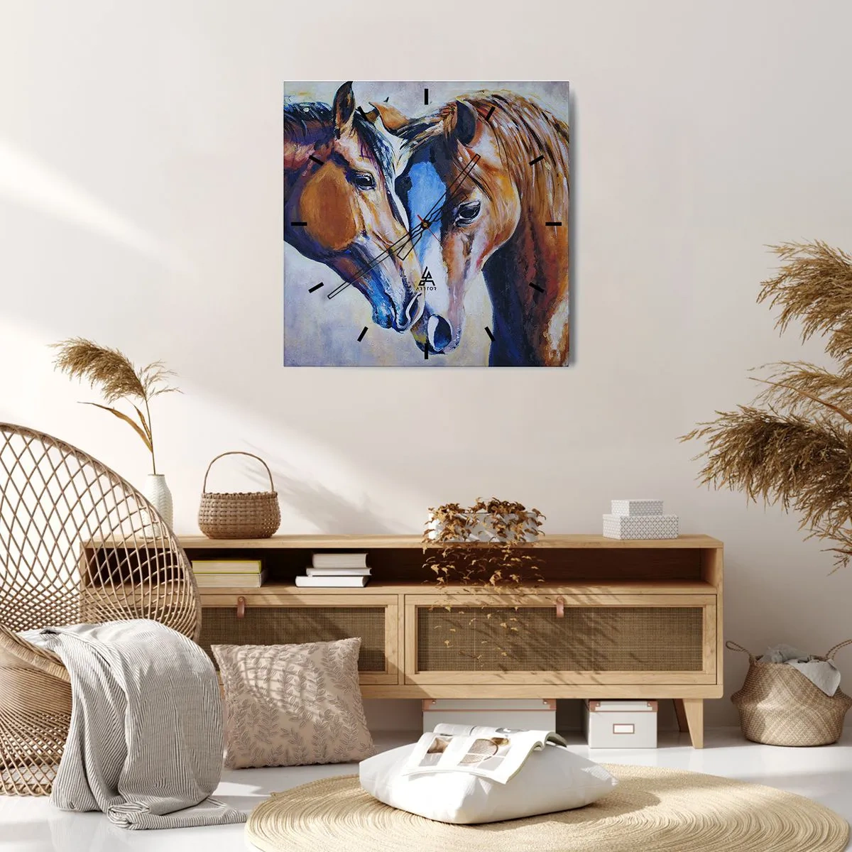 Horloge murale - Pendule murale - Une représentation picturale de deux chevaux dans un cadre convivial. - 30x30cm - Est-ce de l'amitié ? Ou de l'amour ? - Décoration murale moderne pour le salon et la chambre ARTTOR