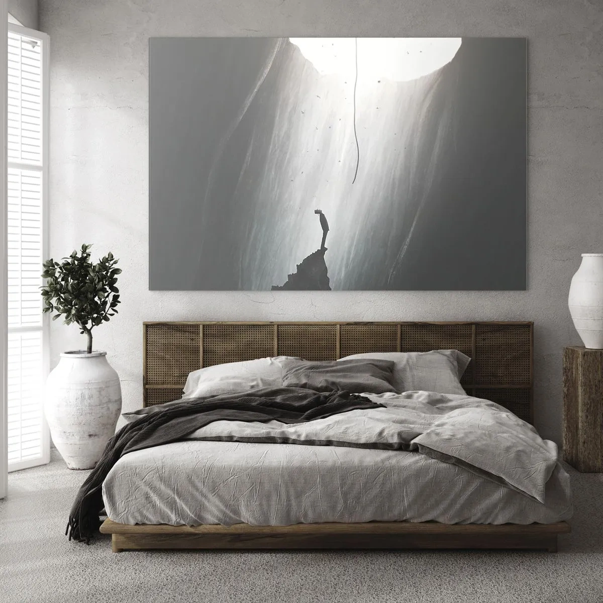 Impression sur verre - Image sur verre - Un homme debout dans l'obscurité au pied d'une sortie lumineuse au-dessus d'un abîme - 70x50cm - Il y a toujours une issue - Décoration murale moderne pour le salon et la chambre ARTTOR