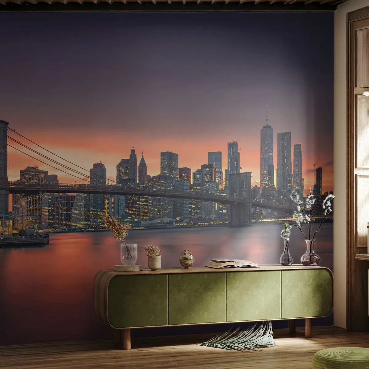 Papier Peint Photo Standard Eco - Immergé dans le silence lilas - New York, Ville, le pont de Brooklyn - 250x175 cm