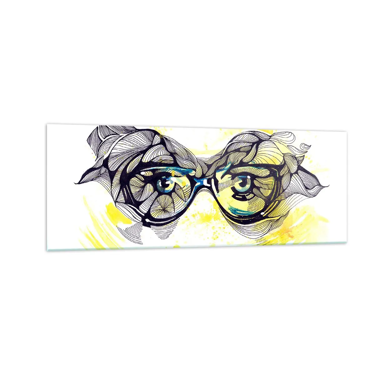 Impression sur verre - Image sur verre - Graphiques artistiques de lunettes aux yeux expressifs - 140x50cm - À travers des lunettes bleues - Décoration murale moderne pour le salon et la chambre ARTTOR