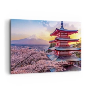 Impression sur toile - Image sur toile - Une pagode au Japon avec des cerisiers en fleurs et le mont Fuji - 100x70cm - Essence d'âme japonnaise - Décoration murale moderne pour le salon et la chambre ARTTOR