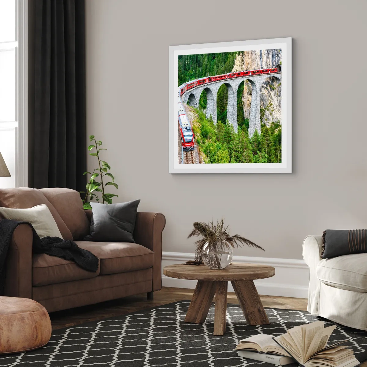 Affiche dans un cadre blanc - Poster - Chemin de fer avec vue sur la montagne - 50x50 cm