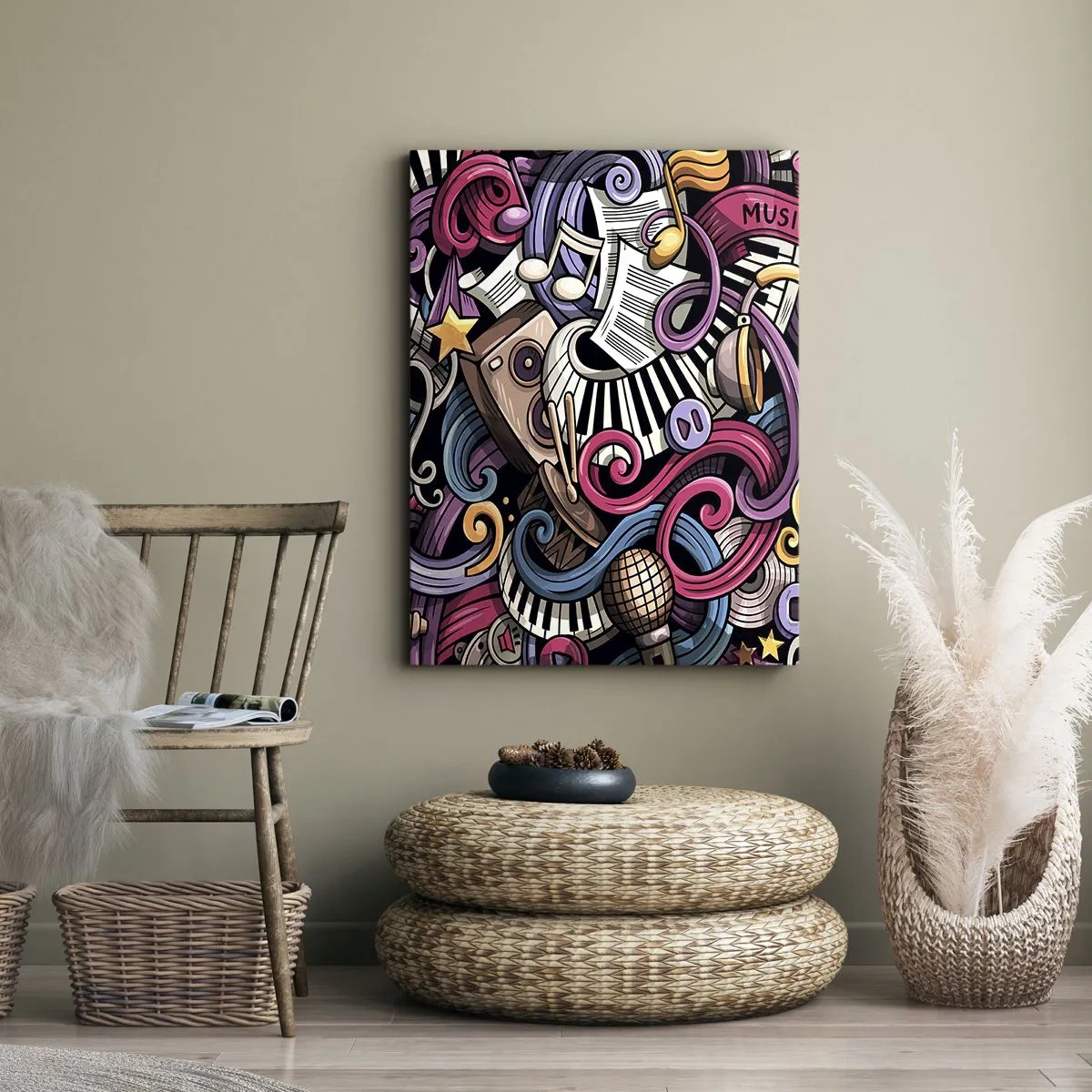 Impression sur toile - Image sur toile - Une abstraction musicale pleine d'instruments et de notes colorées. - 70x100cm - Mélodie compliquée - Décoration murale moderne pour le salon et la chambre ARTTOR