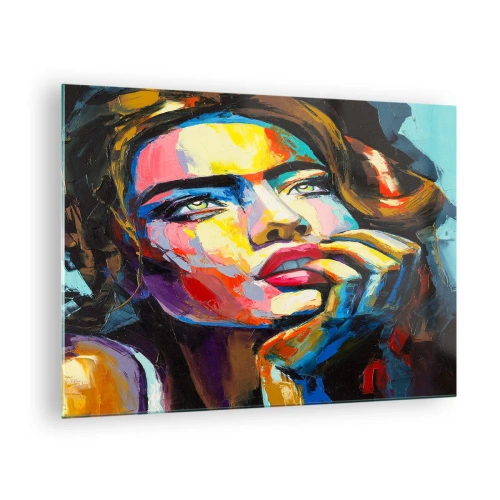 Impression sur verre - Image sur verre - Portrait d'une femme aux couleurs abstraites intenses - 70x50cm - Les rêves volent dans le ciel comme des oiseaux - Décoration murale moderne pour le salon et la chambre ARTTOR