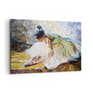Impression sur toile - Image sur toile - Une ballerine en robe blanche dans un style pictural sur un fond impressionniste. - 100x70cm - D'après un tableau de Degas - Décoration murale moderne pour le salon et la chambre ARTTOR