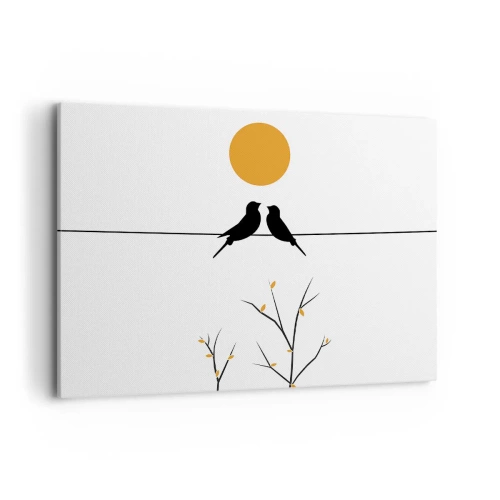 Impression sur toile - Image sur toile - Oiseaux sur une ligne avec un soleil jaune - 100x70cm - Soirée pour rossignols - Décoration murale moderne pour le salon et la chambre ARTTOR