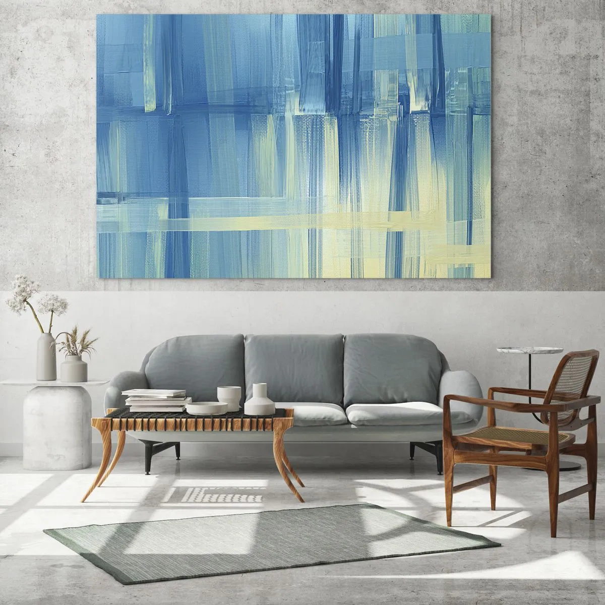 Impression sur verre - Image sur verre - Coups de pinceau abstraits en turquoise et jaune - 100x70cm - Composition en turquoise - Décoration murale moderne pour le salon et la chambre ARTTOR