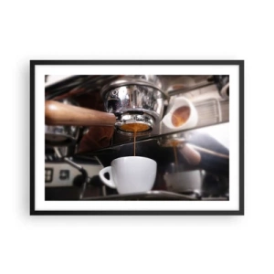 Affiche dans un cadre noir - Poster - Gros plan d'une machine à café préparant un expresso frais - 70x50cm - Bon moment de la journée - Décoration murale moderne pour le salon et la chambre ARTTOR
