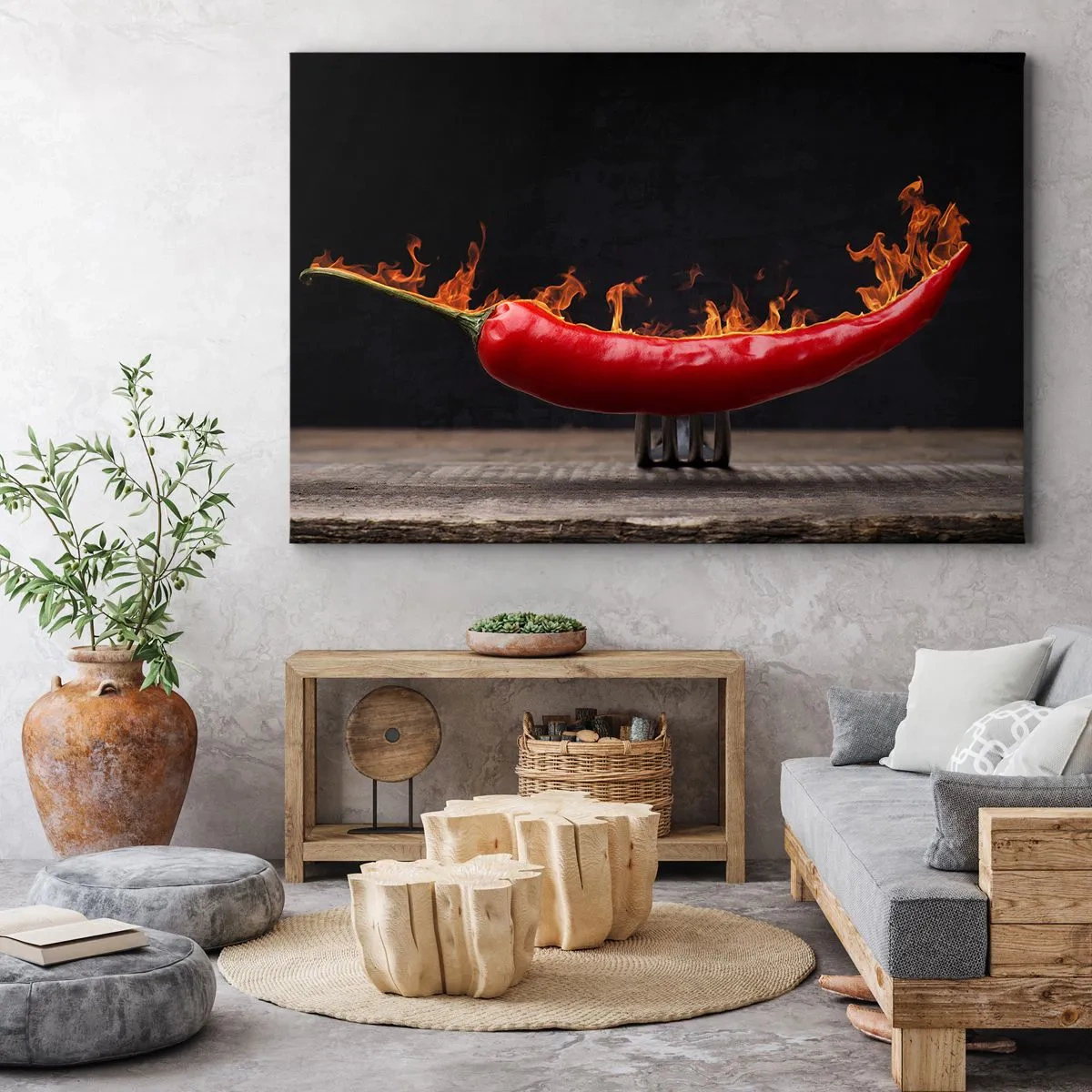 Impression sur toile - Image sur toile - Poivron rouge flamboyant sur une fourchette - 70x50cm - Un apéritif enflammé - Décoration murale moderne pour le salon et la chambre ARTTOR