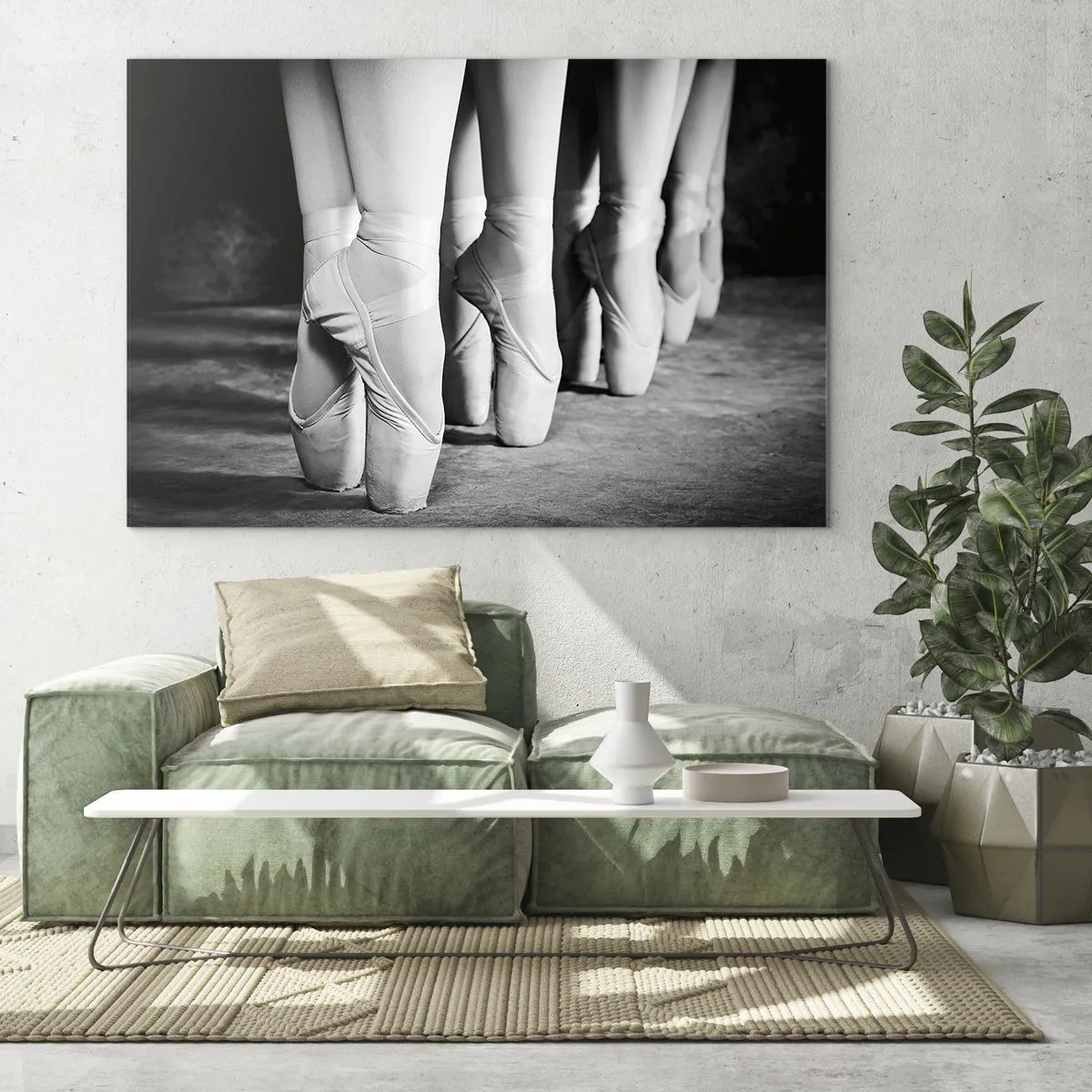 Impression sur verre - Image sur verre - Ballerines sur pointes dans un décor noir et blanc - 120x80cm - Ensemble, simple - Décoration murale moderne pour le salon et la chambre ARTTOR