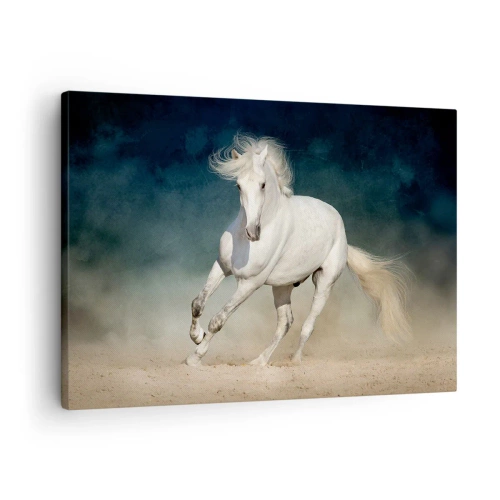 Impression sur toile - Image sur toile - Un cheval blanc galopant dans un ciel flou - 70x50cm - La liberté à l'état pur - Décoration murale moderne pour le salon et la chambre ARTTOR