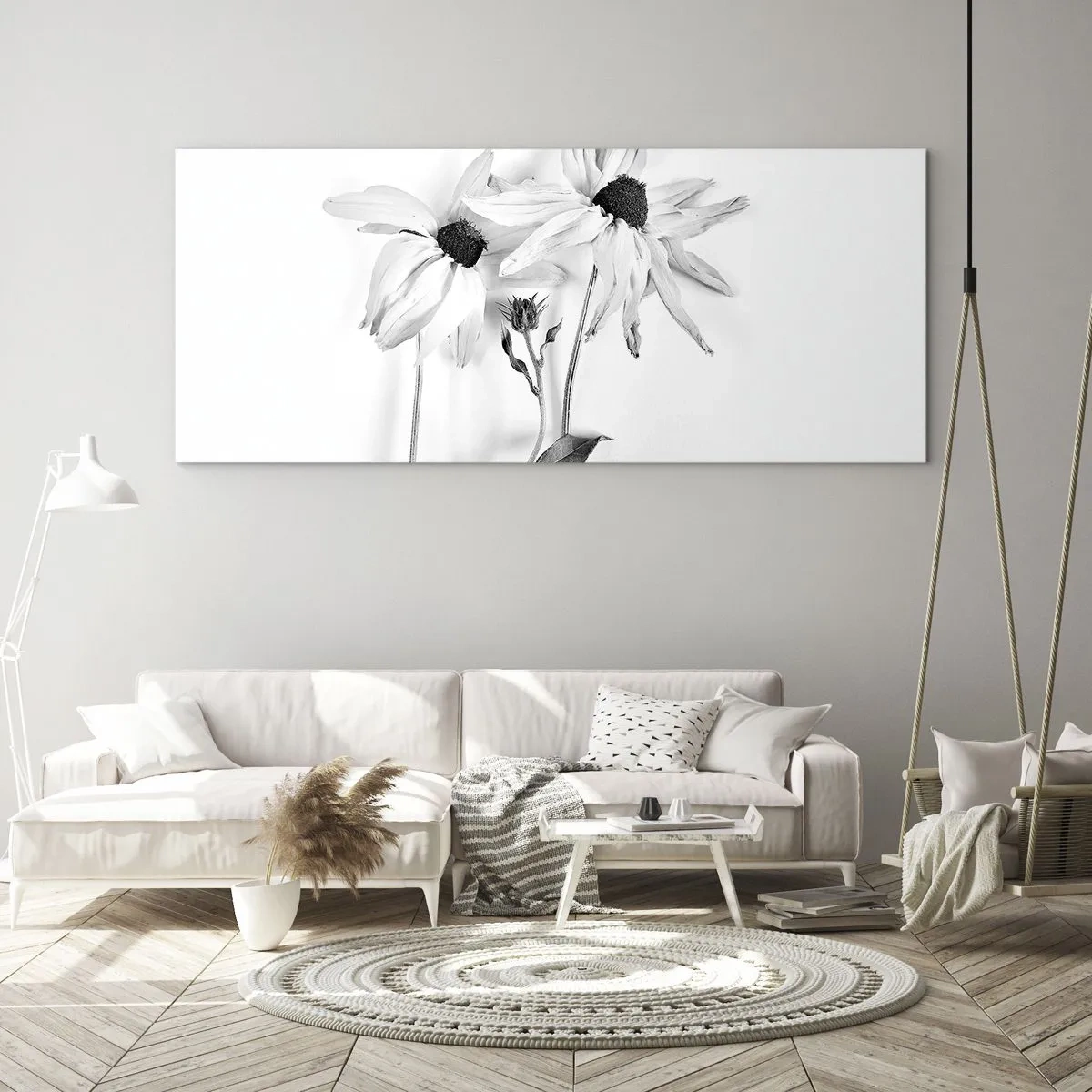 Impression sur verre - Image sur verre - Fleurs noires et blanches avec une composition subtile - 120x50cm - Personne ne souhaite être seul - Décoration murale moderne pour le salon et la chambre ARTTOR