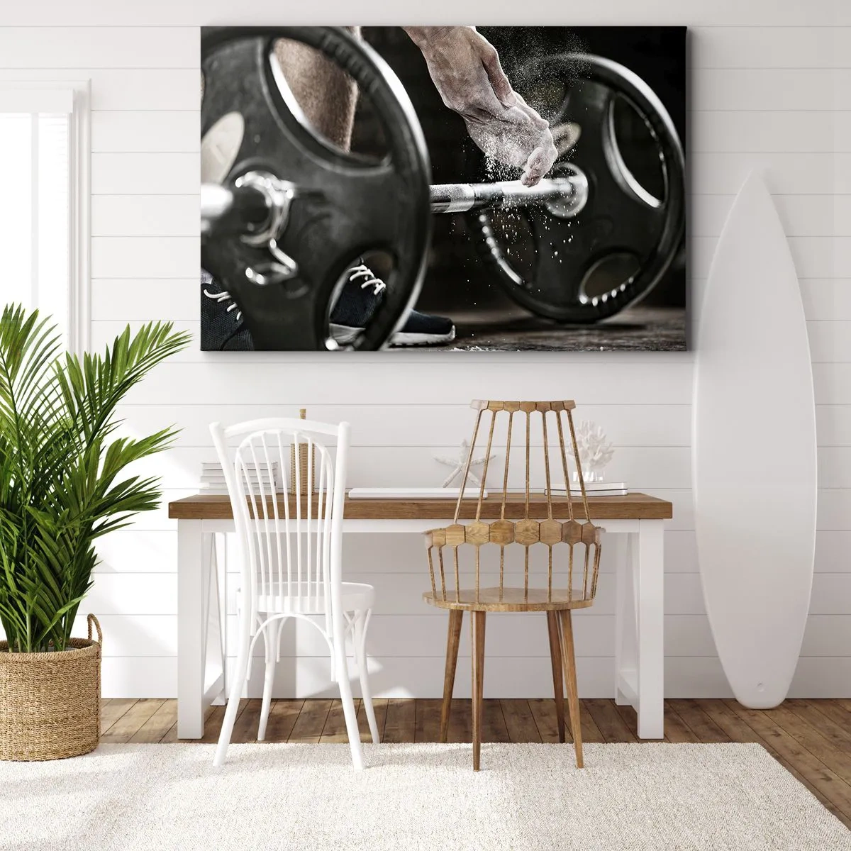 Impression sur toile - Image sur toile - Des haltères et les mains d'un athlète se préparant à l'entraînement - 120x80cm - Défi accepté! - Décoration murale moderne pour le salon et la chambre ARTTOR
