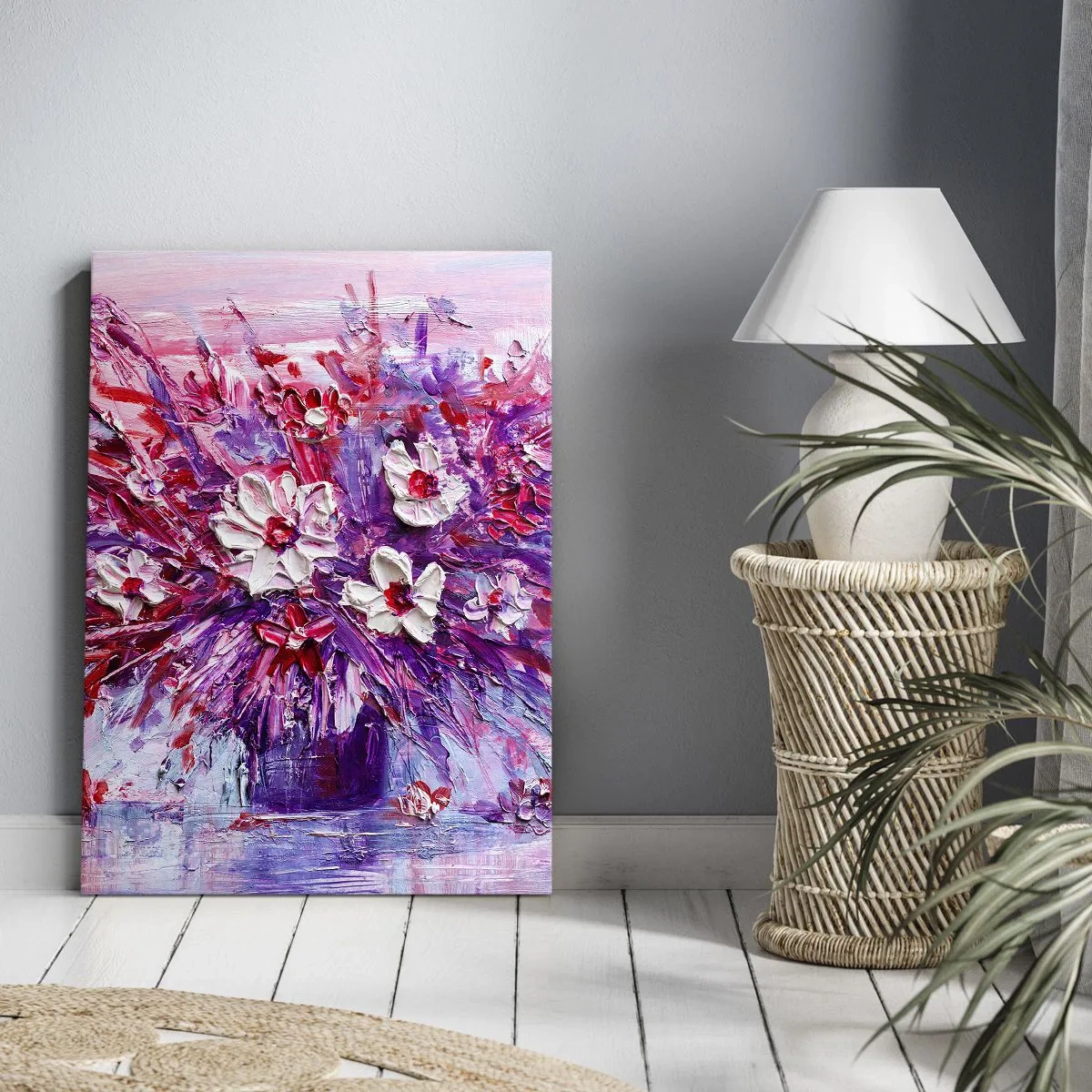 Impression sur toile - Image sur toile - Un bouquet de fleurs colorées dans des tons de rose et de violet - 80x120cm - Innocence et passion - Décoration murale moderne pour le salon et la chambre ARTTOR