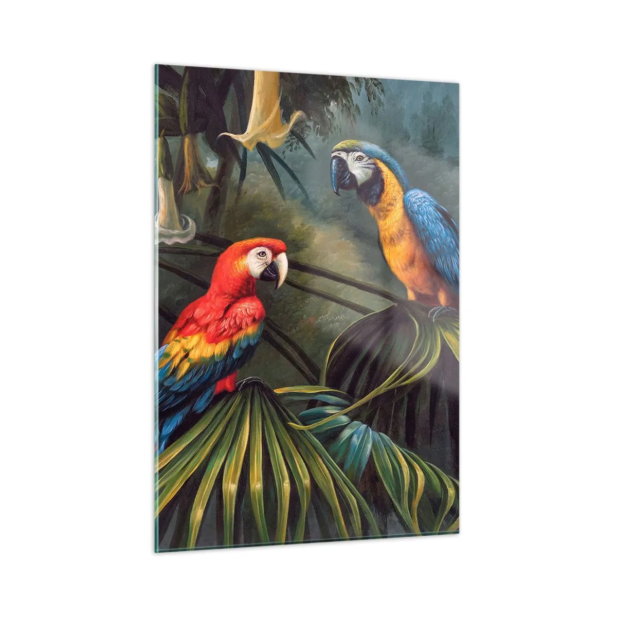 Impression sur verre - Image sur verre - Deux perroquets colorés sur fond de jungle tropicale - 50x70cm - Romantisme dans les tropiques - Décoration murale moderne pour le salon et la chambre ARTTOR