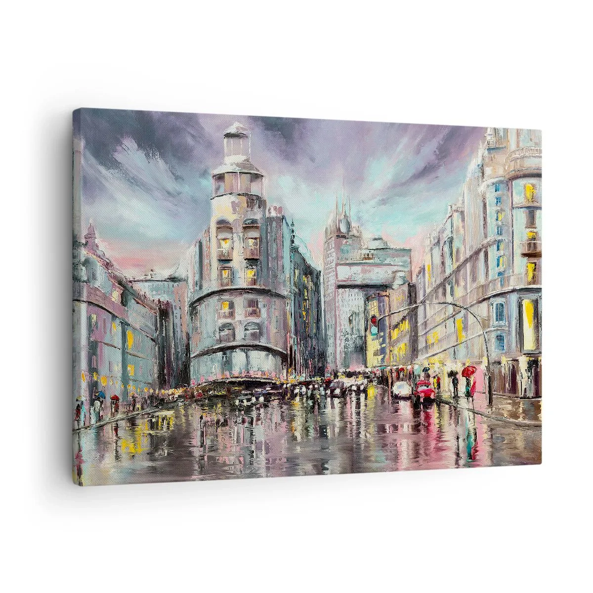 Impression sur toile - Image sur toile - Vue nocturne de la ville avec des reflets sur la rue mouillée - 70x50cm - Ce sera une soirée réussie - Décoration murale moderne pour le salon et la chambre ARTTOR
