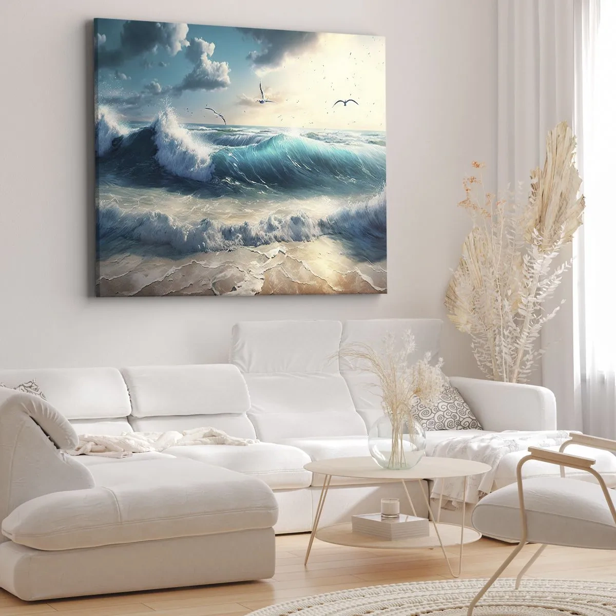Impression sur toile - Image sur toile - Vagues de la mer sur la plage sous un ciel bleu avec des mouettes - 70x50cm - Ça bourdonne seulement pour toi - Décoration murale moderne pour le salon et la chambre ARTTOR