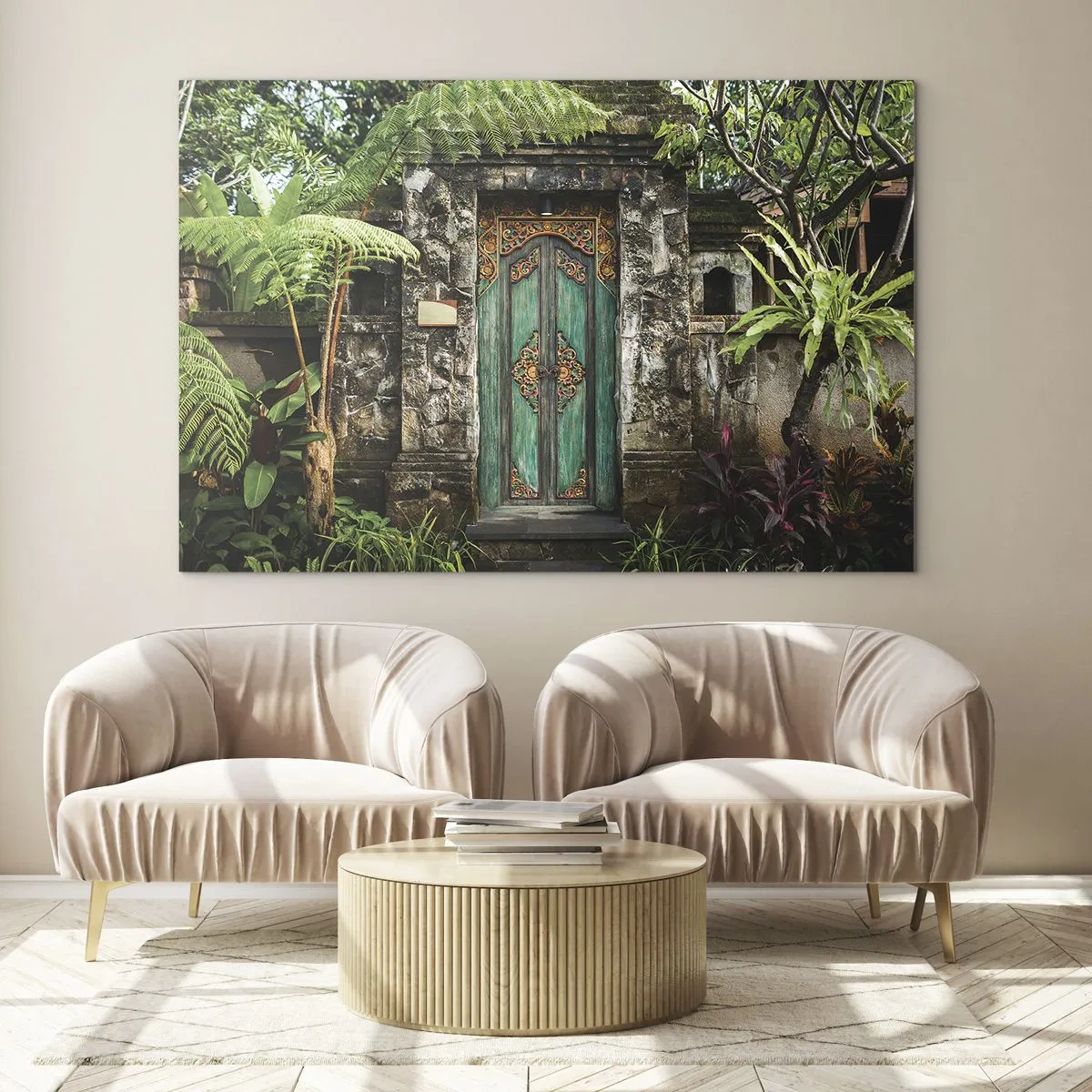 Impression sur verre - Image sur verre - Porte turquoise ornée dans un mur de pierre entouré de végétation tropicale - 100x70cm - Porte vers un monde exotique - Décoration murale moderne pour le salon et la chambre ARTTOR