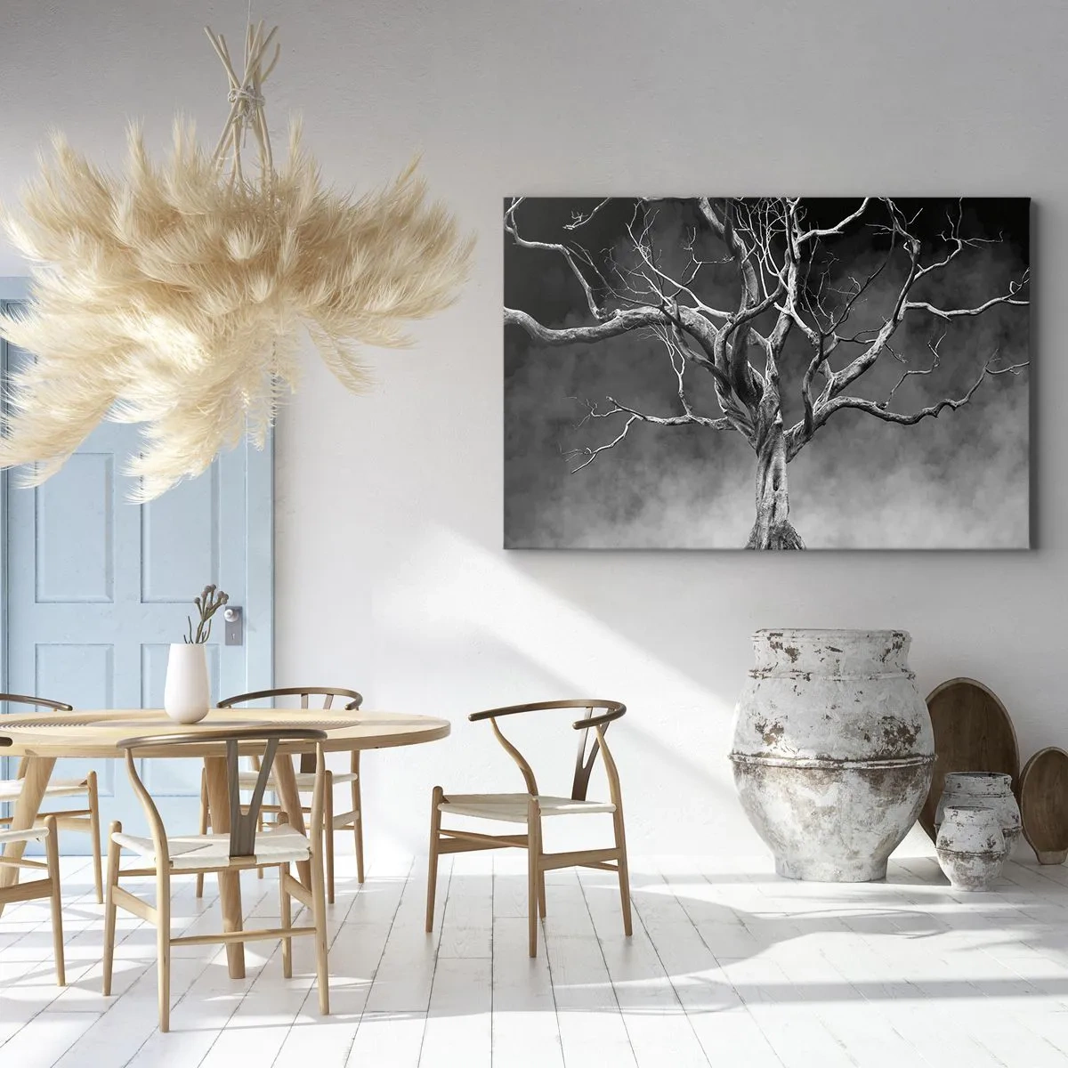 Impression sur toile - Image sur toile - Un arbre sec en noir et blanc contre le brouillard - 70x50cm - Primordial et sacré - Décoration murale moderne pour le salon et la chambre ARTTOR