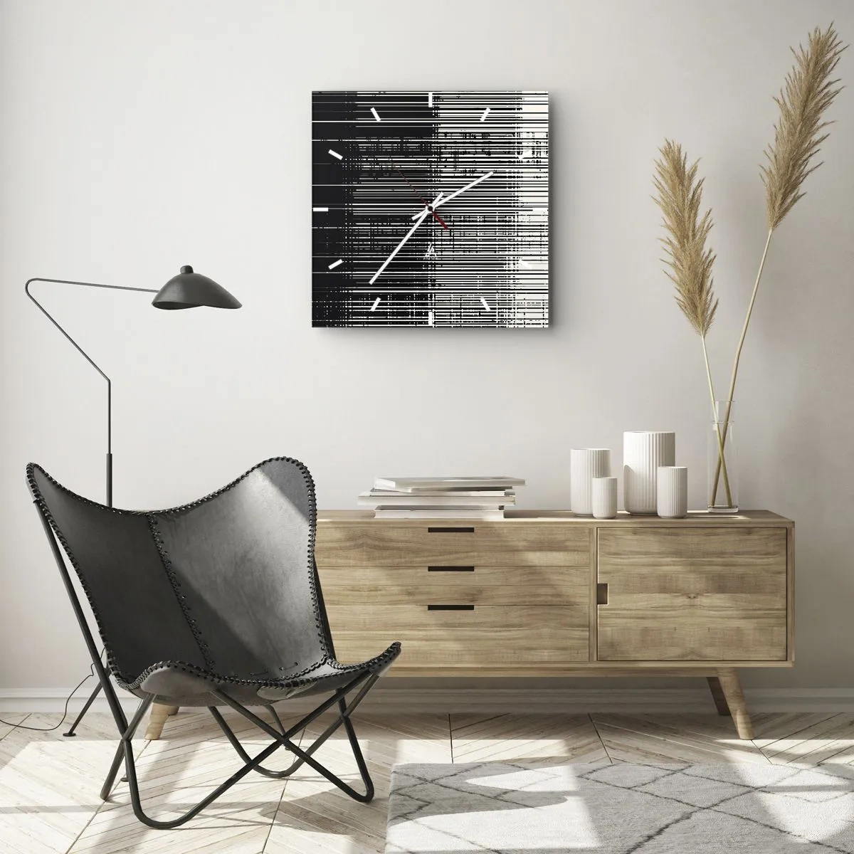 Horloge murale - Pendule murale - Composition abstraite de lignes en noir et blanc contrastés - 30x30cm - Ondes et vibrations - Décoration murale moderne pour le salon et la chambre ARTTOR