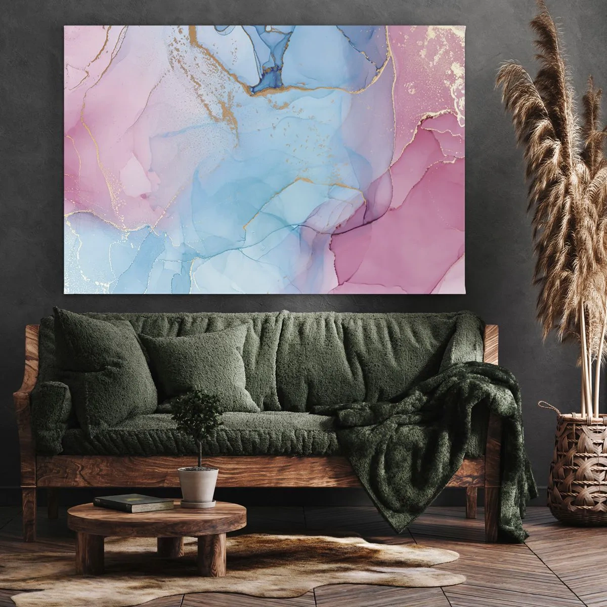 Impression sur toile - Image sur toile - Motifs pastel abstraits avec des accents dorés - 70x50cm - Rencontre et mélange - Décoration murale moderne pour le salon et la chambre ARTTOR