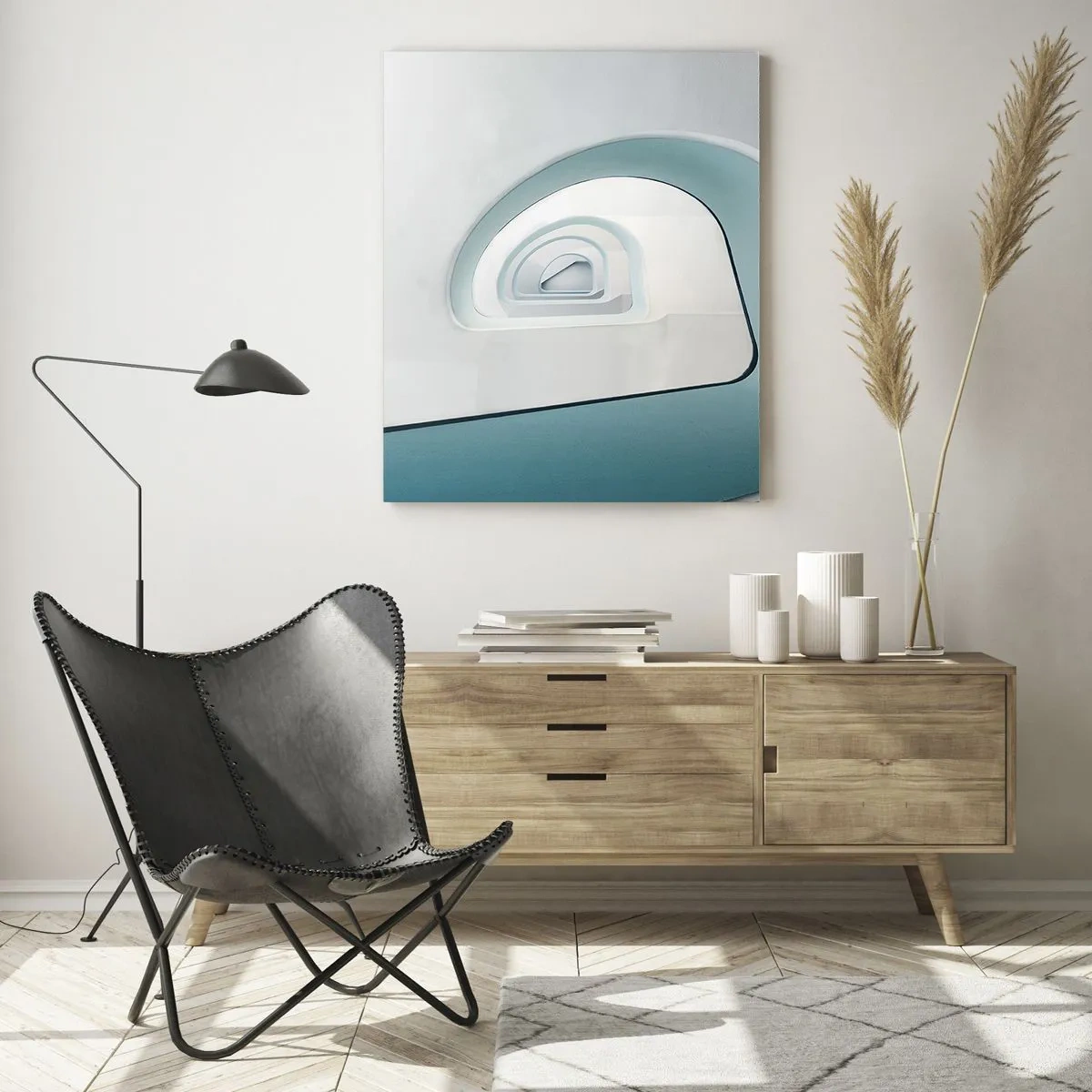 Impression sur verre - Image sur verre - Un escalier moderne dans une perspective abstraite - 50x70cm - Au profondeur du bleu - Décoration murale moderne pour le salon et la chambre ARTTOR