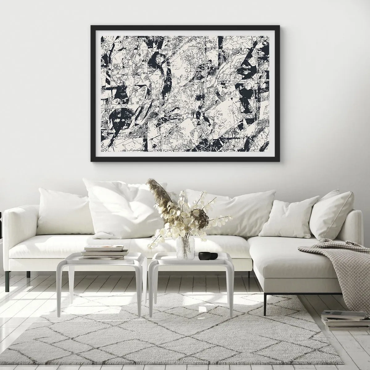 Affiche dans un cadre noir - Poster - Composition abstraite en noir et blanc avec une mise en page dynamique - 70x50cm - Interpénétration des contraires - Décoration murale moderne pour le salon et la chambre ARTTOR